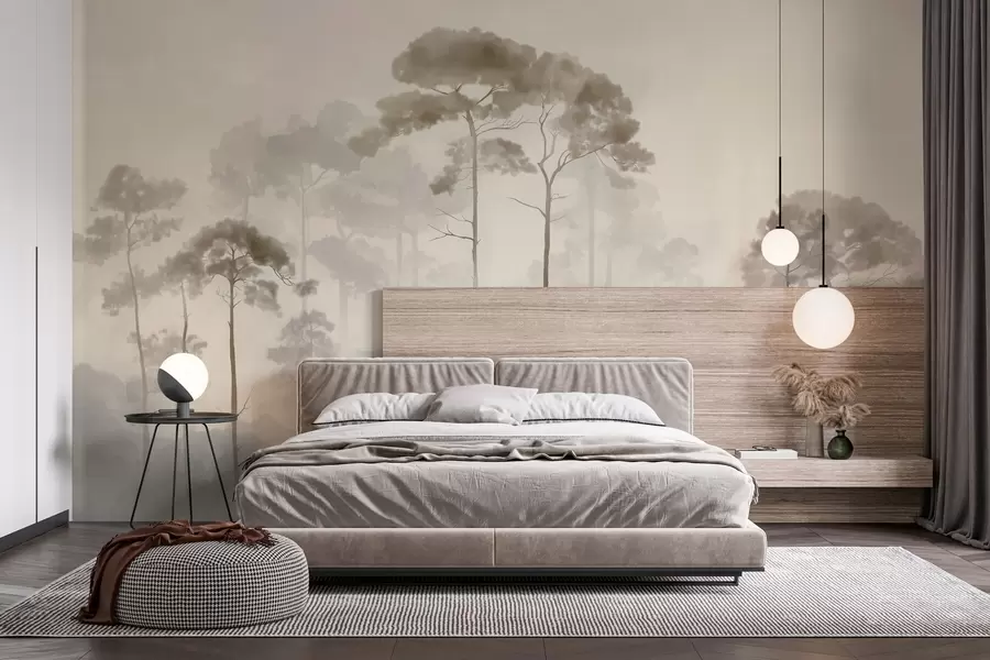 Fotobehang lichte silhouetten van dennenbomen in aquarelstijl w04634