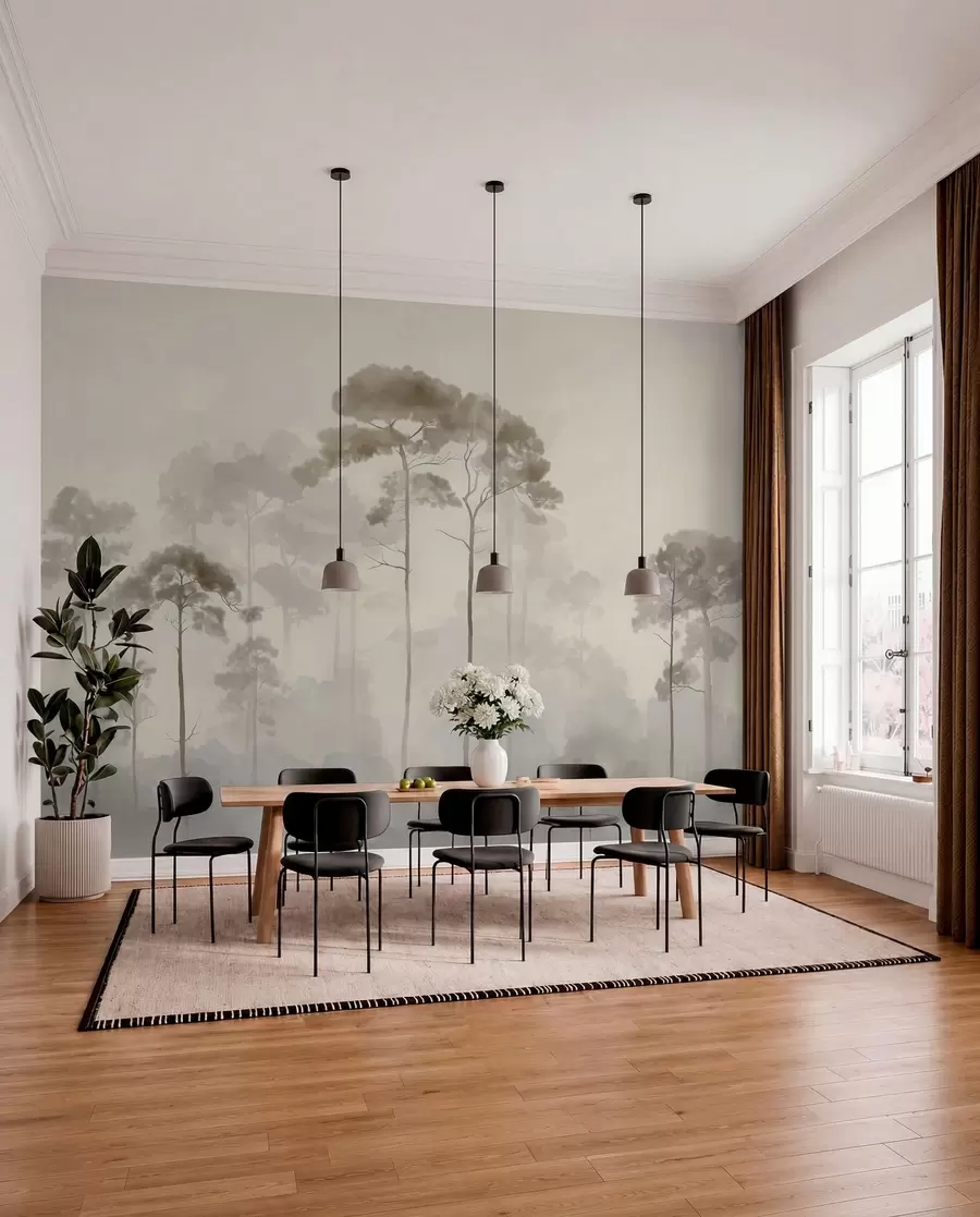 Fotobehang lichte silhouetten van dennenbomen in aquarelstijl w04634