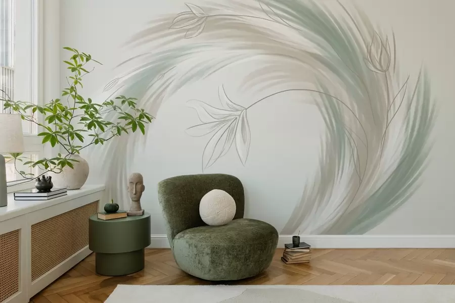 Fotobehang groene en beige veren en bloemen, met de hand geschilderd w04816