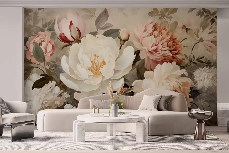Fotobehang Zachte pioenrozen en chrysanten in pasteltinten w09350