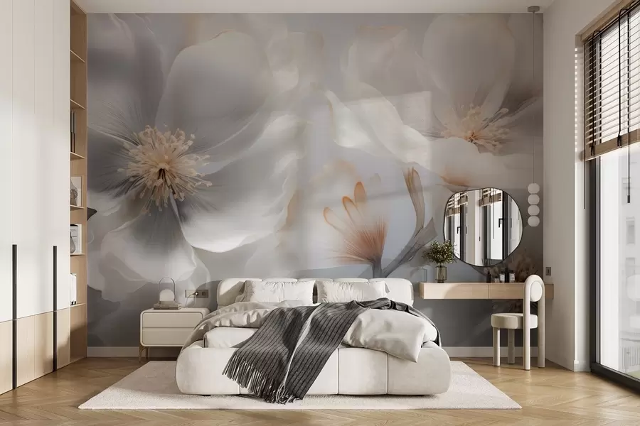 Fotobehang Parelmoerachtige bloemen in beige-grijze en melkachtige crèmekleurige tinten w09527