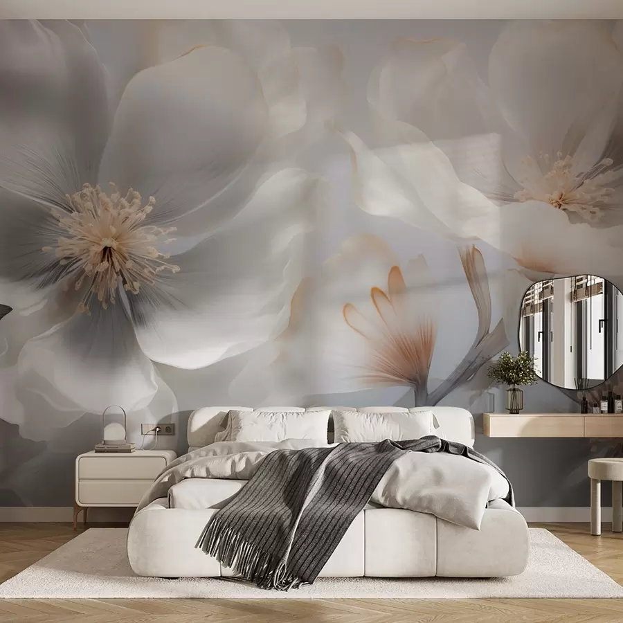 Fotobehang Parelmoerachtige bloemen in beige-grijze en melkachtige crèmekleurige tinten w09527