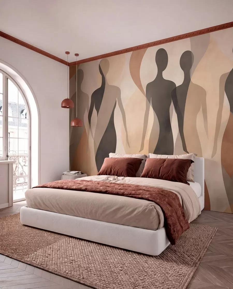 Fotobehang Silhouetten en zachte golven in warme beige-grijze tinten w04787