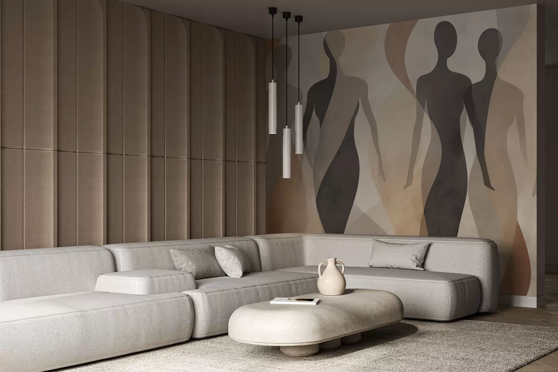 Fotobehang Silhouetten en zachte golven in warme beige-grijze tinten w04787