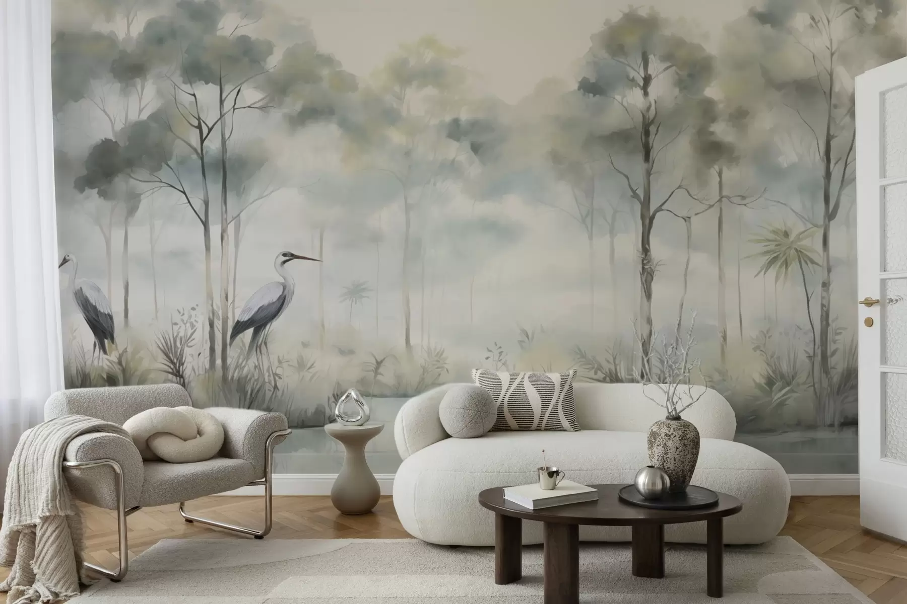 Fotobehang Mistig bos aan het water met reigers, zacht koel kleurenpalet w04788