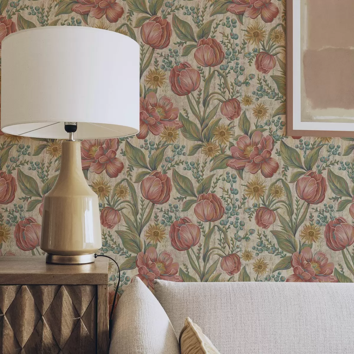 Behang Vintage tulpen en asters, crèmekleurige achtergrond met textuur a00773