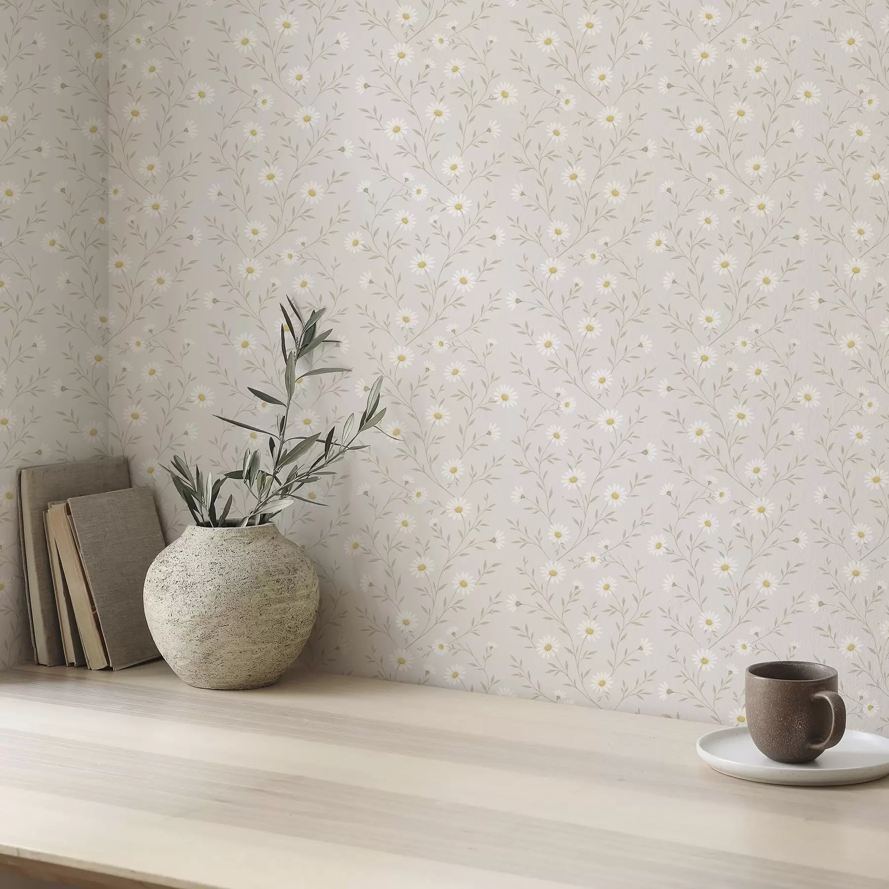 Fotobehang Kleine madeliefjes op takjes, warm beige a00777