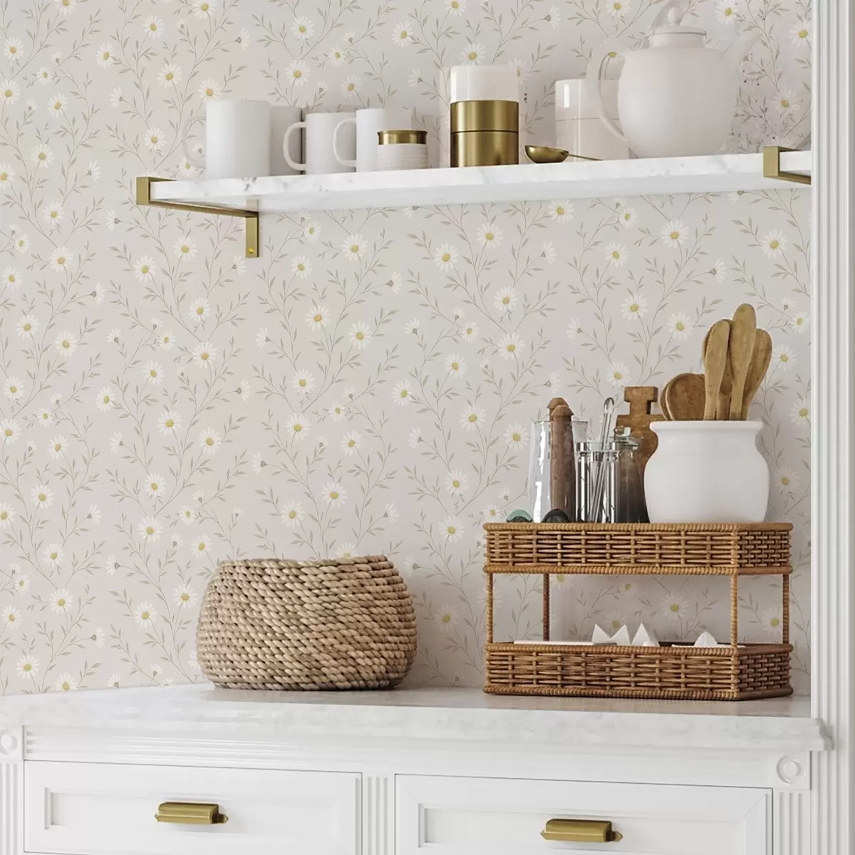 Behang Kleine madeliefjes op takjes, warm beige a00777