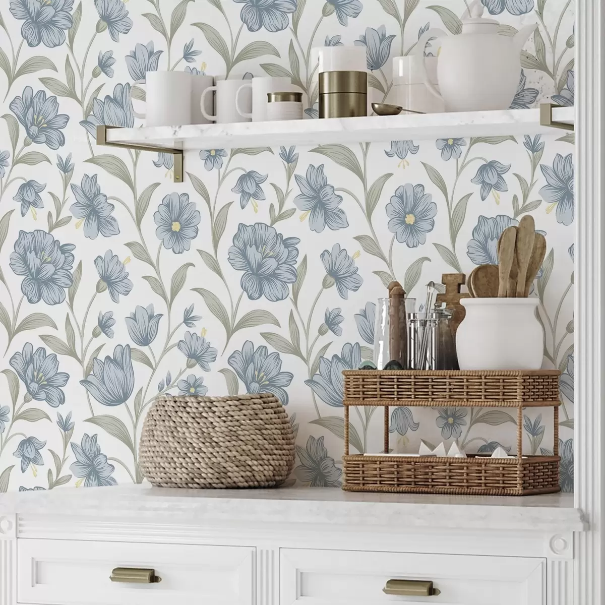 Behang Stoffige blauwe bloemen met olijfbladeren op wit a00780