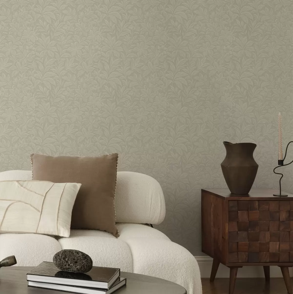 Behang Geprepareerde bladsilhouetten, warm taupe a00781