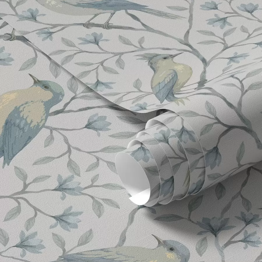 Fotobehang Vogels op takken, grijsblauw kleurenschema a00782