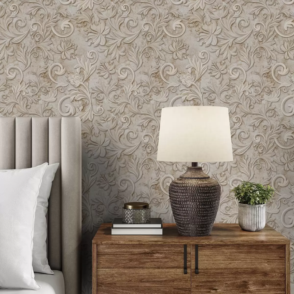 Behang Stenen reliëf met bloemmotieven, vintage beige a00784