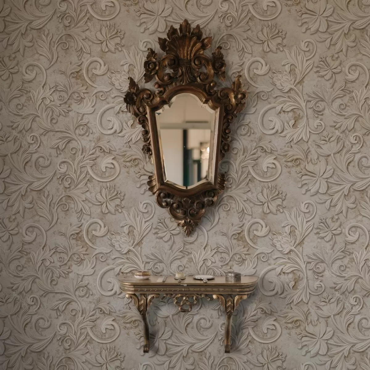 Behang Stenen reliëf met bloemmotieven, vintage beige a00784