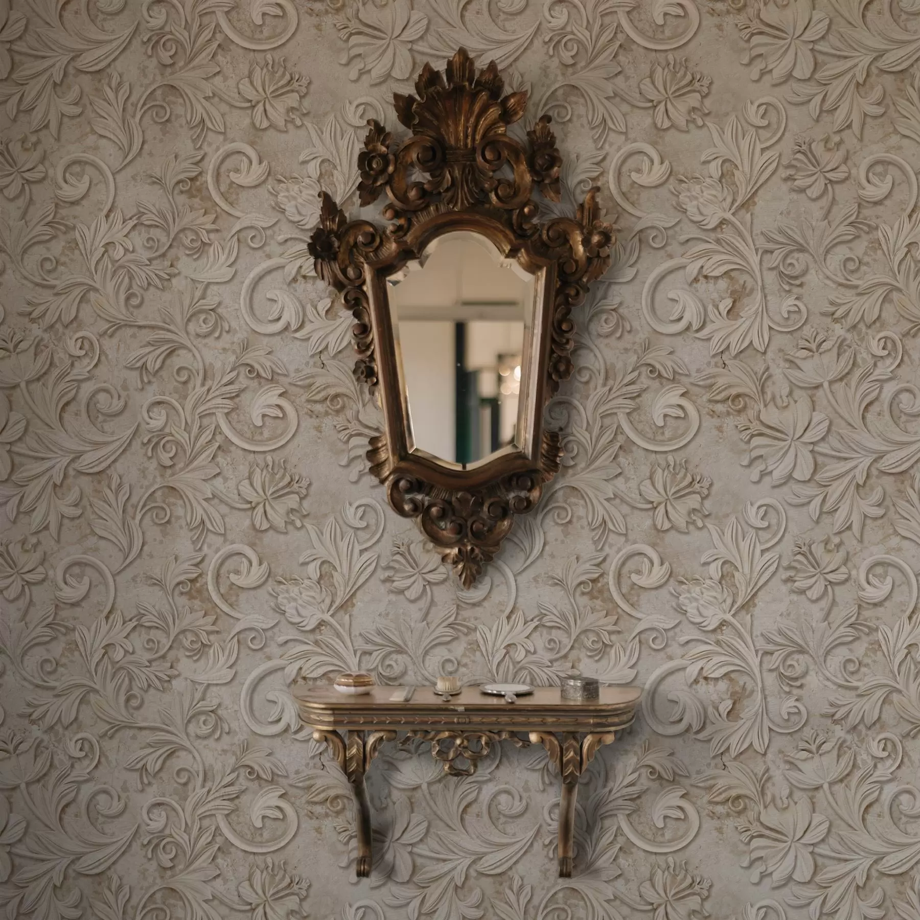 Fotobehang Stenen reliëf met bloemmotieven, vintage beige a00784