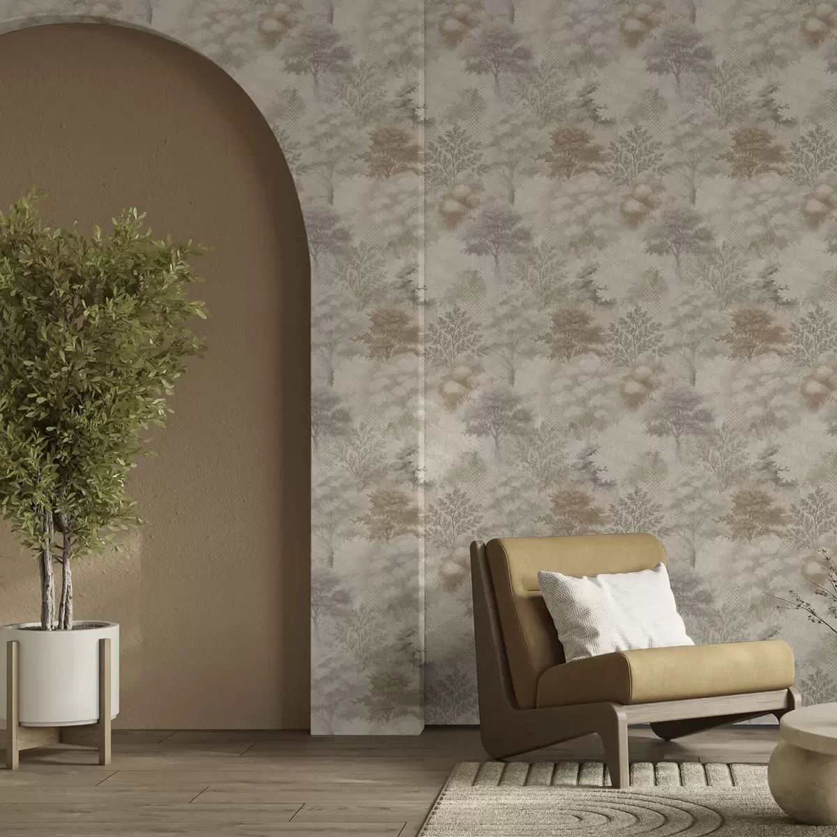 Behang Zacht bos in mist, zachte beige-grijze tinten a00785