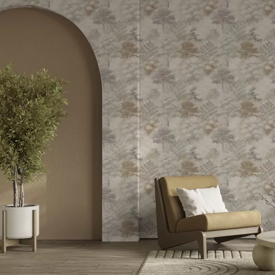 Fotobehang Zacht bos in mist, zachte beige-grijze tinten a00785