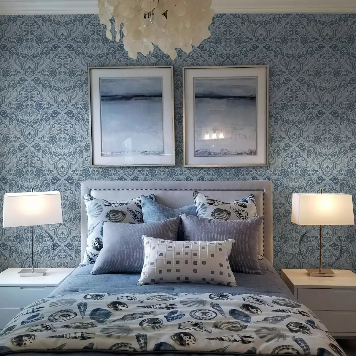 Behang Klassiek damast, diepblauw op lichtblauw a00826