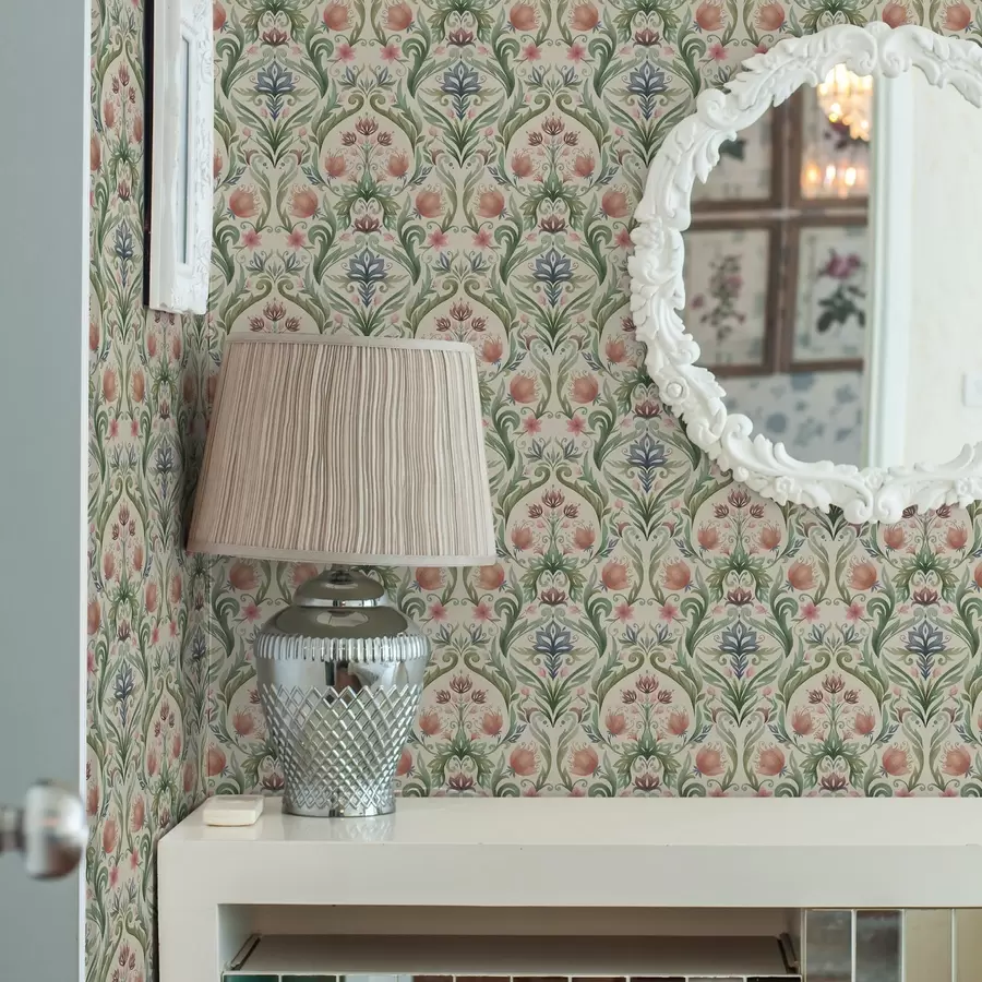 Fotobehang Symmetrisch bloemenornament, terracotta en groen a00827