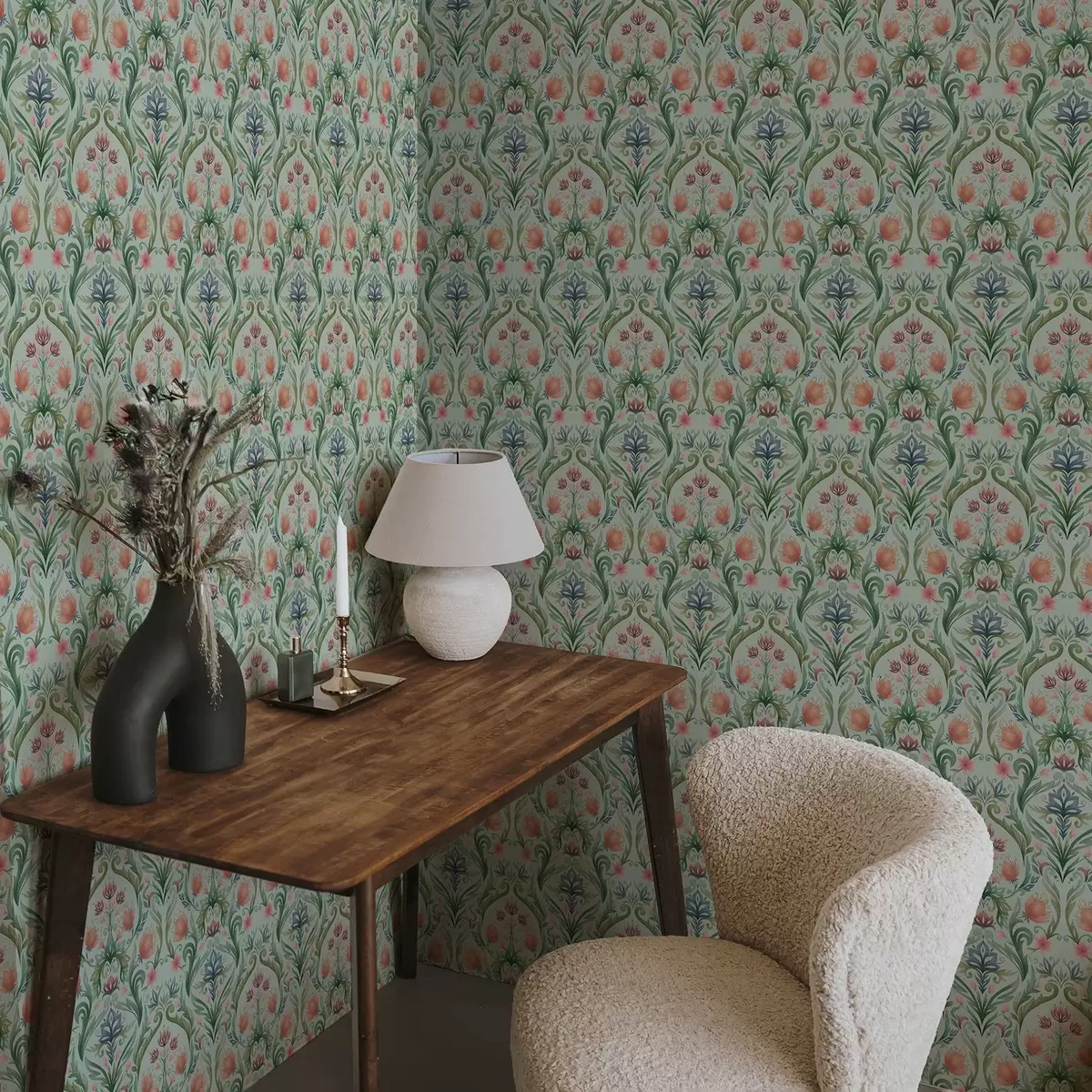 Behang Symmetrisch bloemenornament, mint-crèmekleurig palet a00827v1