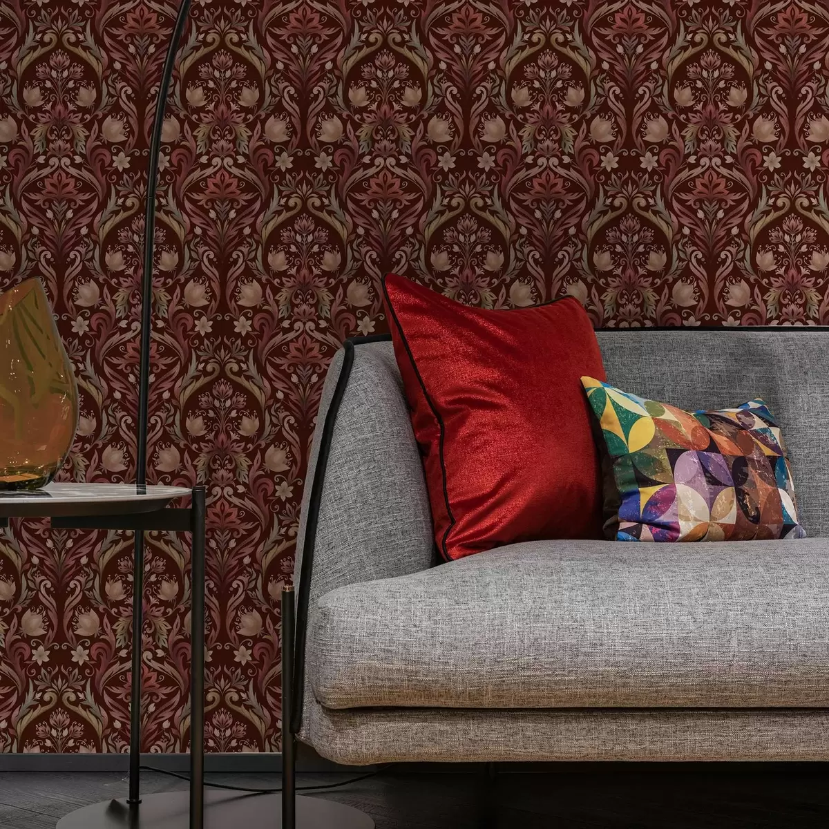 Behang Tulpornament, rijke bordeauxrode achtergrond a00827v2