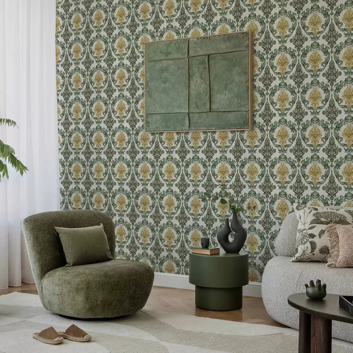 Behang Damast met groene krullen op een lichte achtergrond a00828v1