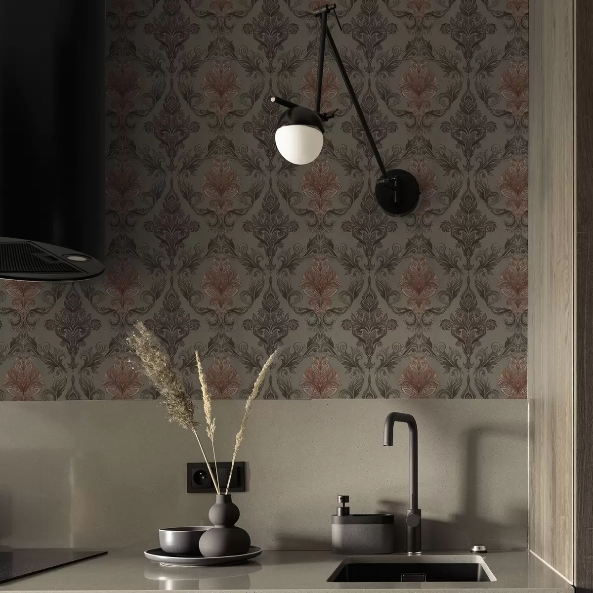 Behang Terracotta damast op gedempte olijfgroene achtergrond a00828v3