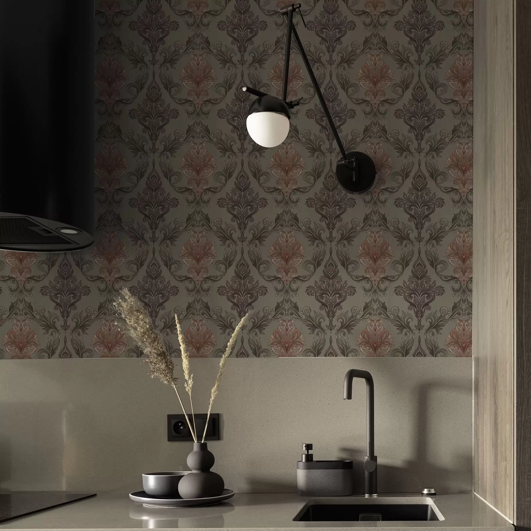 Fotobehang Terracotta damast op gedempte olijfgroene achtergrond a00828v3