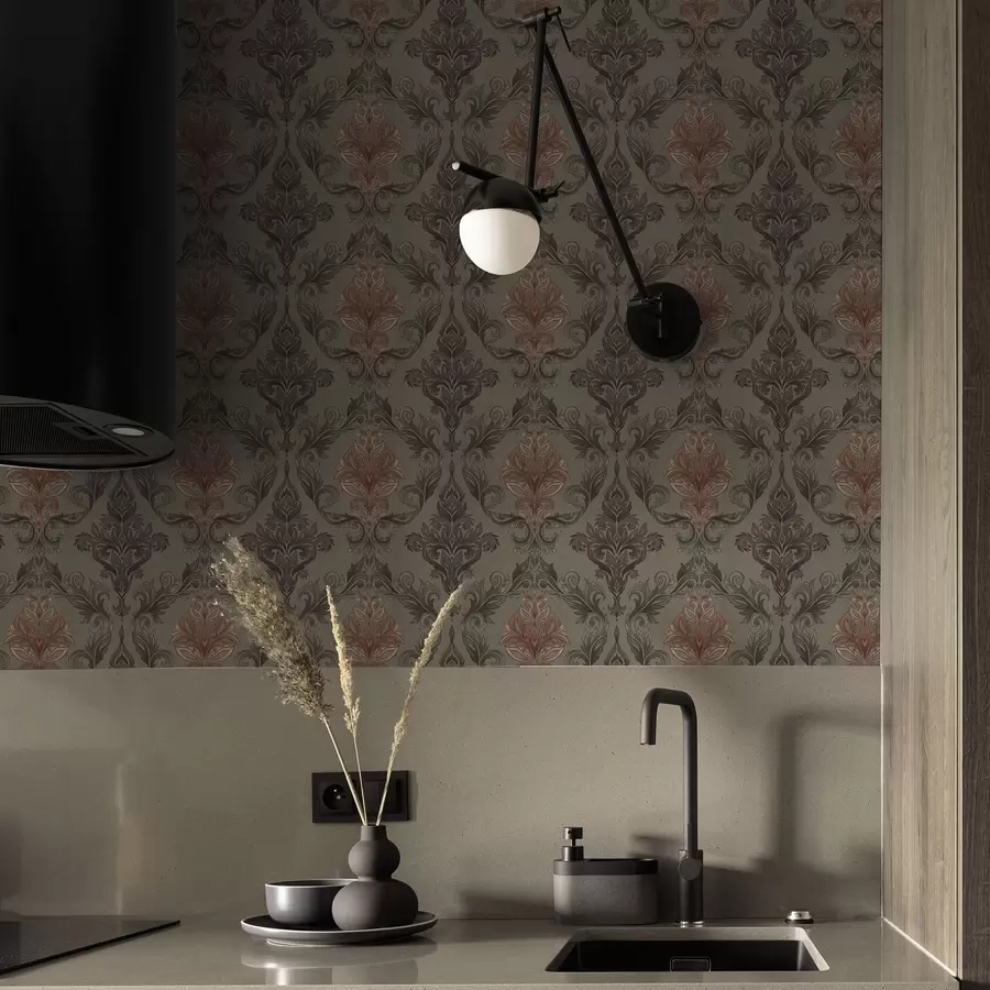 Fotobehang Terracotta damast op gedempte olijfgroene achtergrond a00828v3