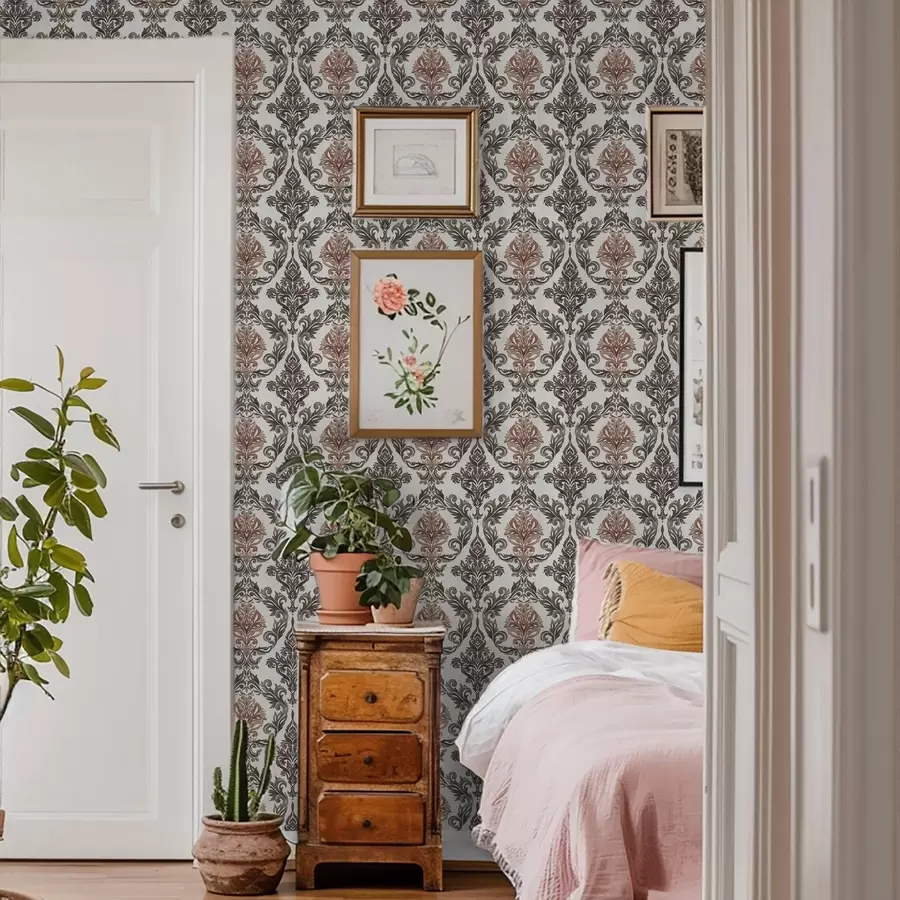 Fotobehang Damast met koperbruine accenten op lichte achtergrond a00828v4