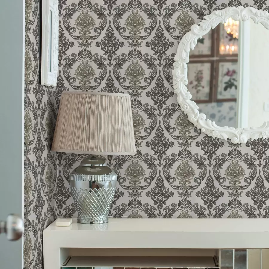 Fotobehang Damast op lichte ondergrond, olijfbrons accenten a00828v6