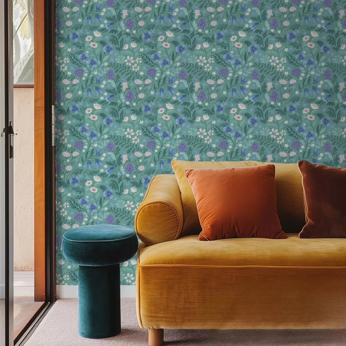 Fotobehang Wilde bloemen en bessen op een zachte muntkleurige achtergrond a00849