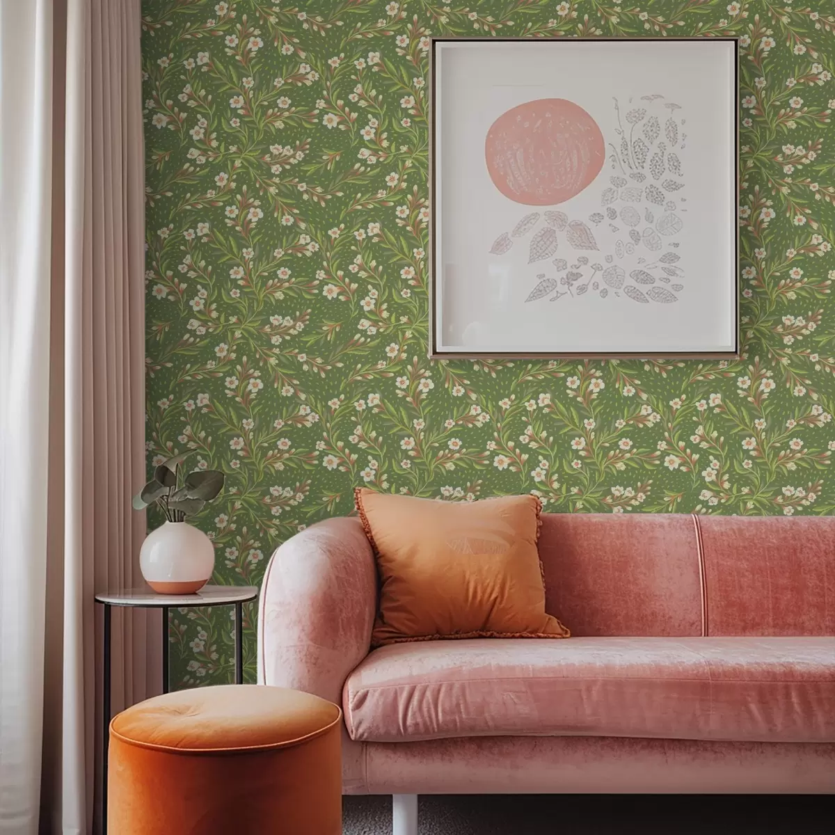 Fotobehang Veegende takken met crèmekleurige bloemen op een olijfgroene achtergrond a00850