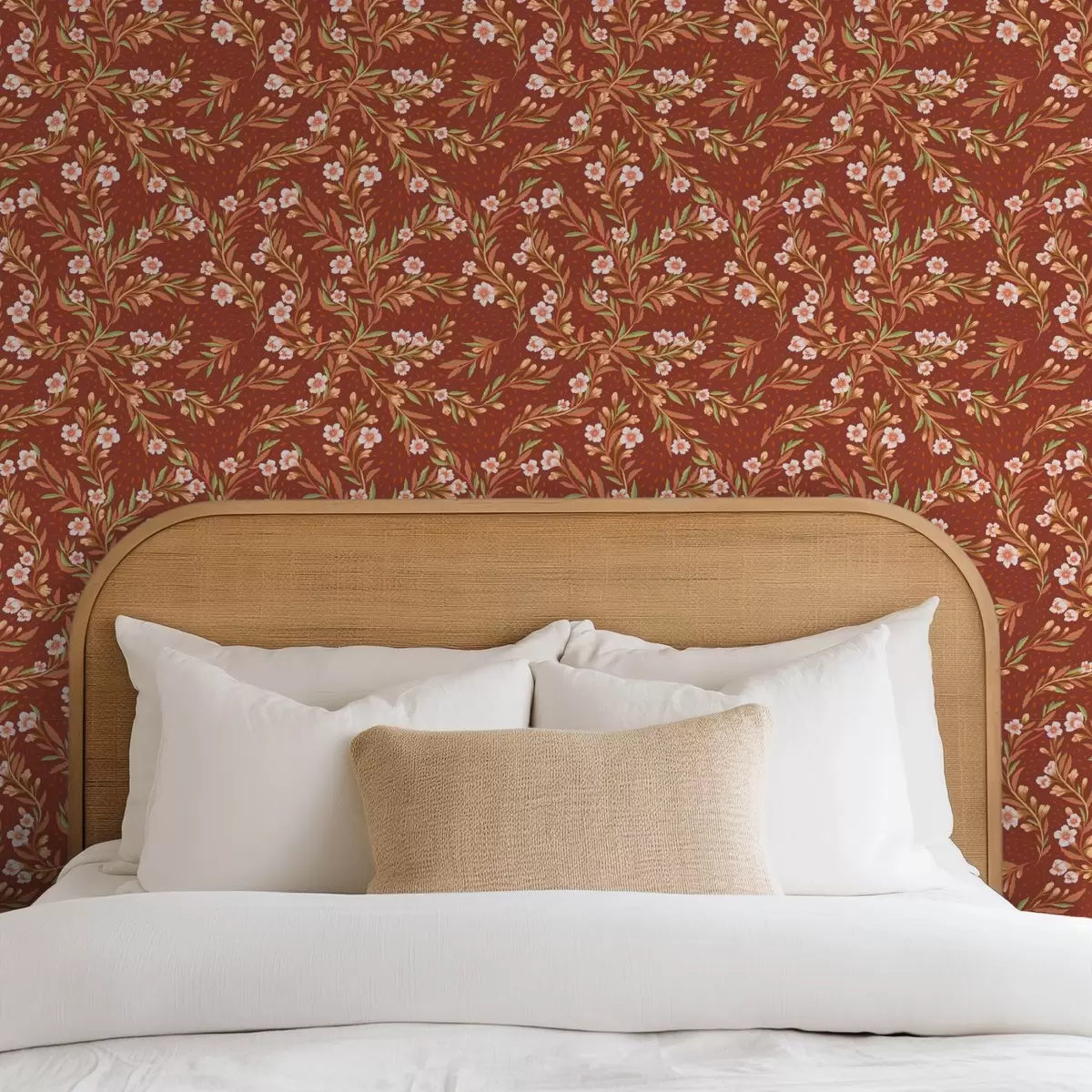 Behang Veegende takken met witte bloemen op terracotta achtergrond a00850v1