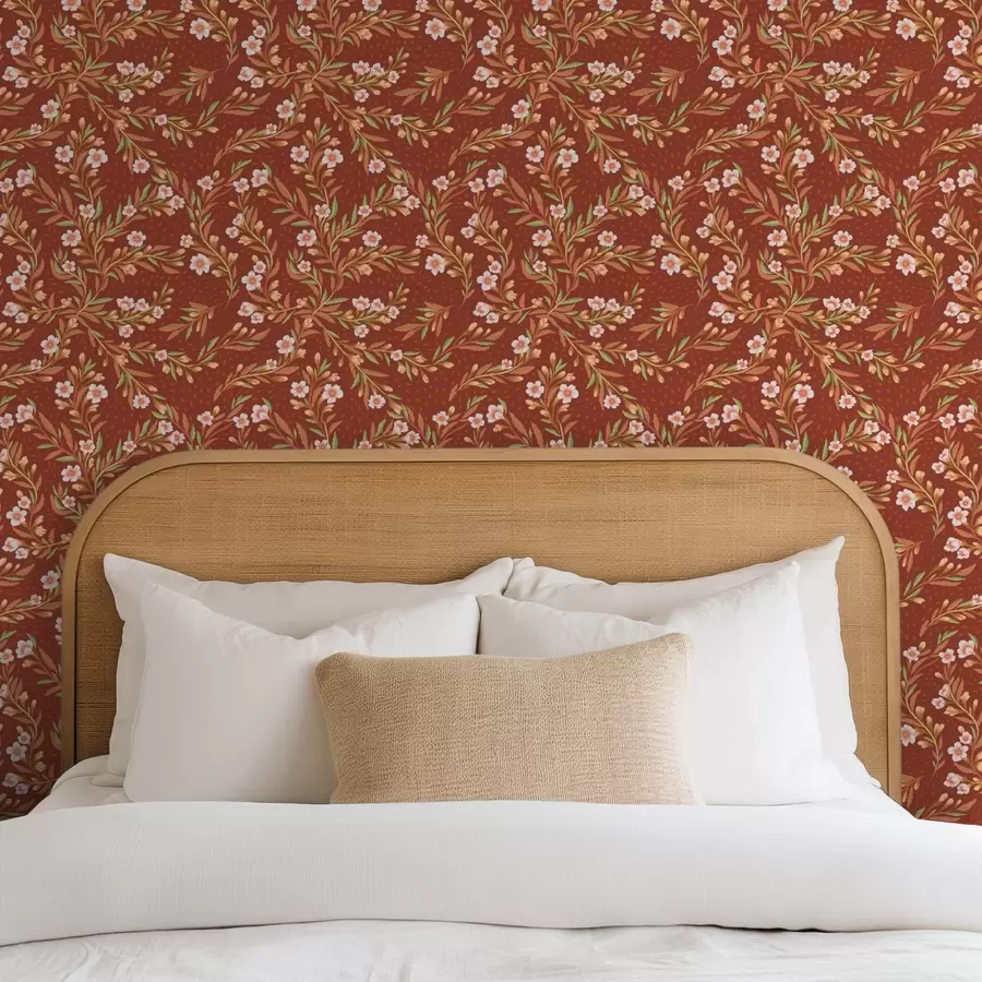 Fotobehang Veegende takken met witte bloemen op terracotta achtergrond a00850v1