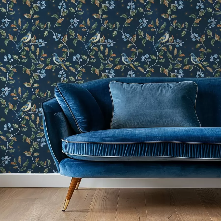 Fotobehang Tieten op takken, nachtblauwe achtergrond met vonken a00858