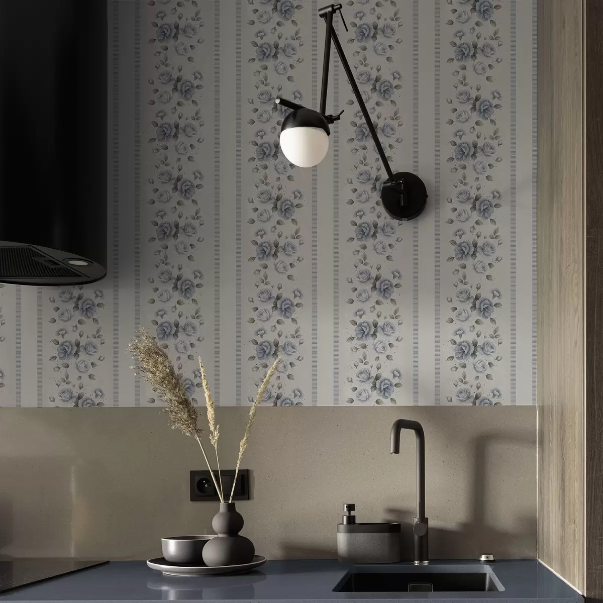 Fotobehang Blauwe rozen in verticale banden op een lichte achtergrond a00860