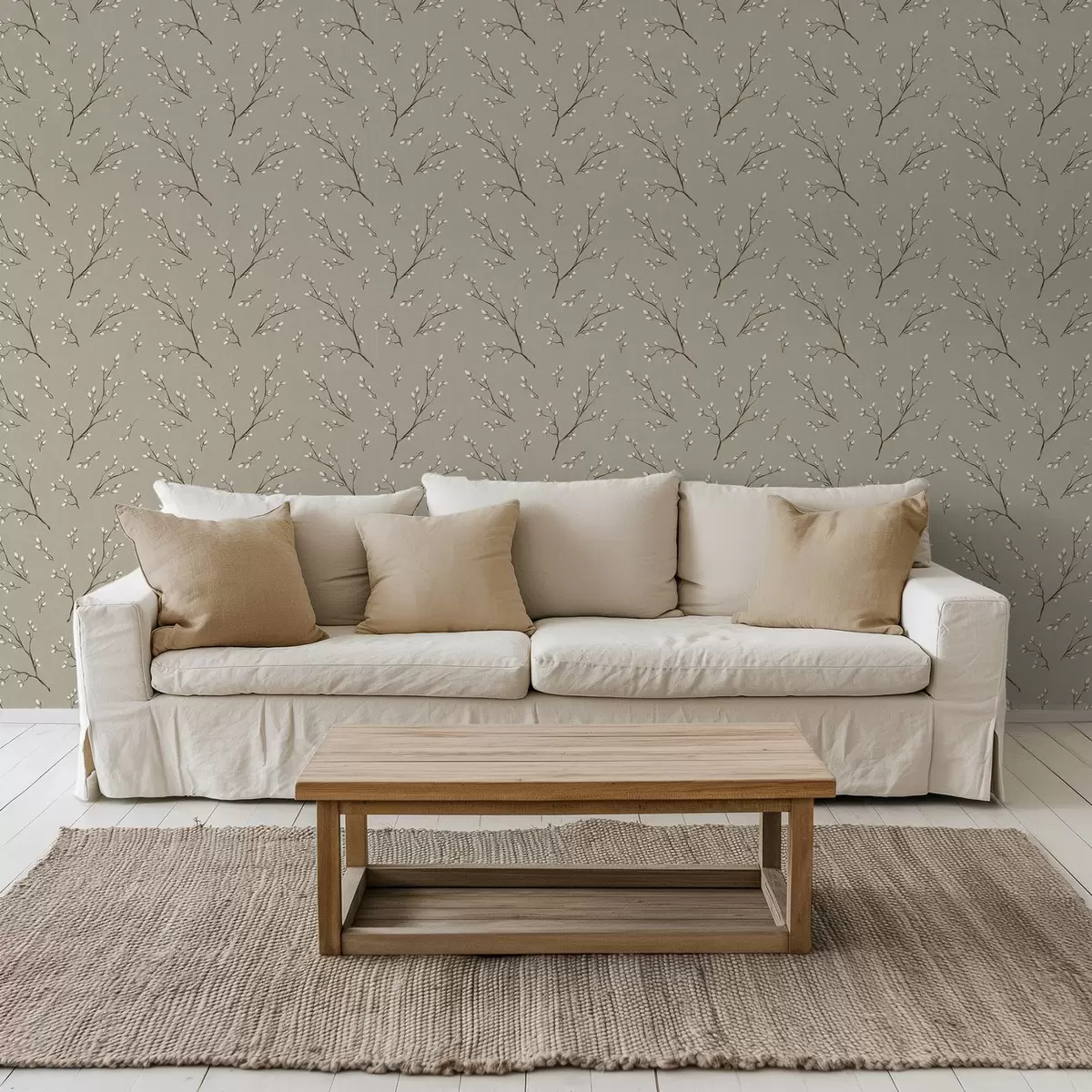 Fotobehang Twijgen met witte knoppen op een taupe linnen achtergrond a00861