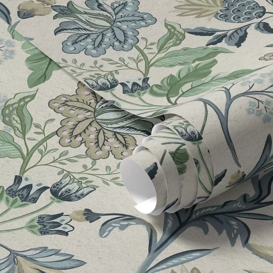 Fotobehang Blauwgroene bloemen en bladeren op crèmekleurige achtergrond a00863