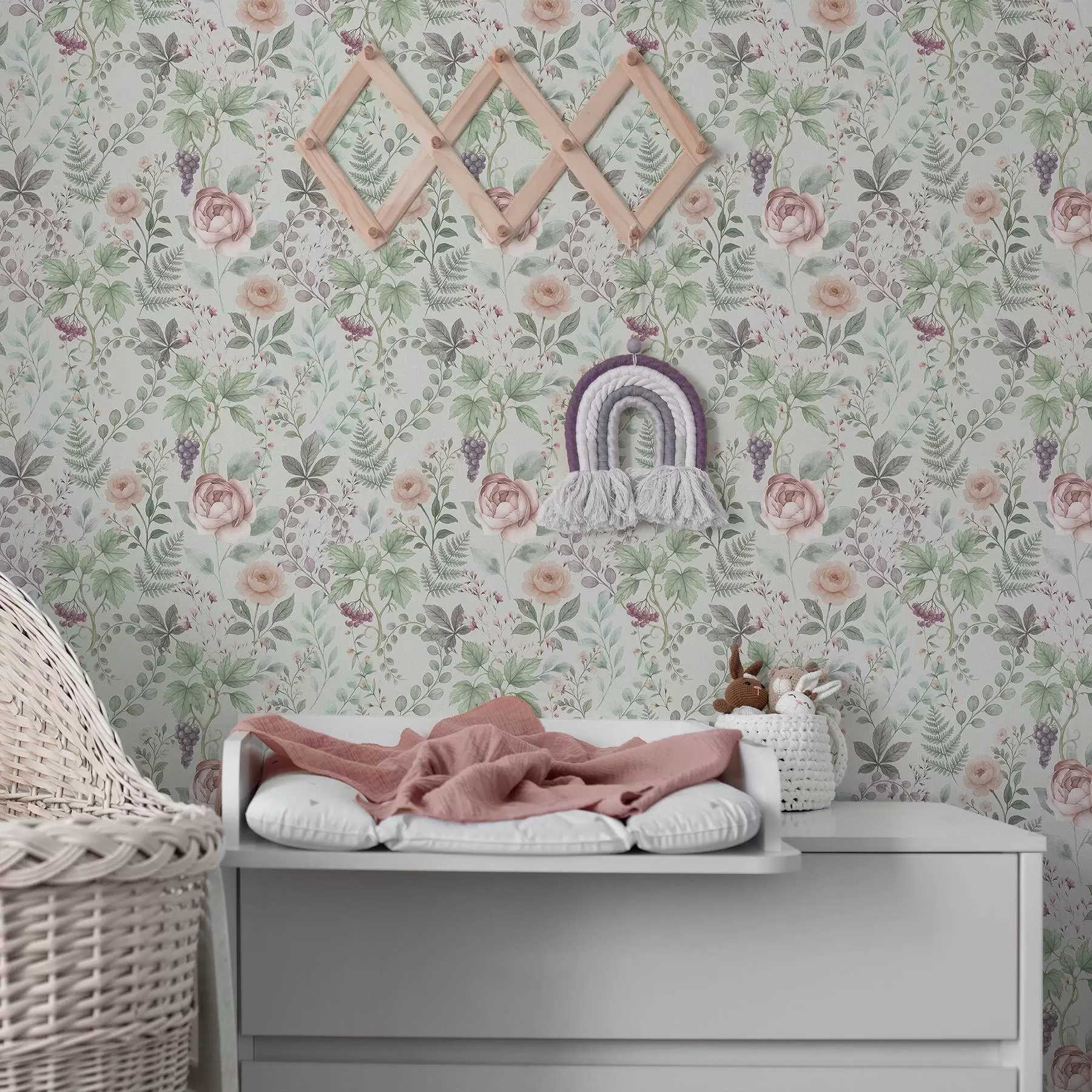 Fotobehang Pastelkleurige tuin met rozen, varens en druiven a00867