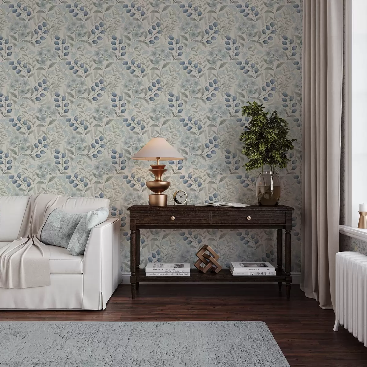 Fotobehang Blauwe bessen en lichte bloemen op ivoor a00872