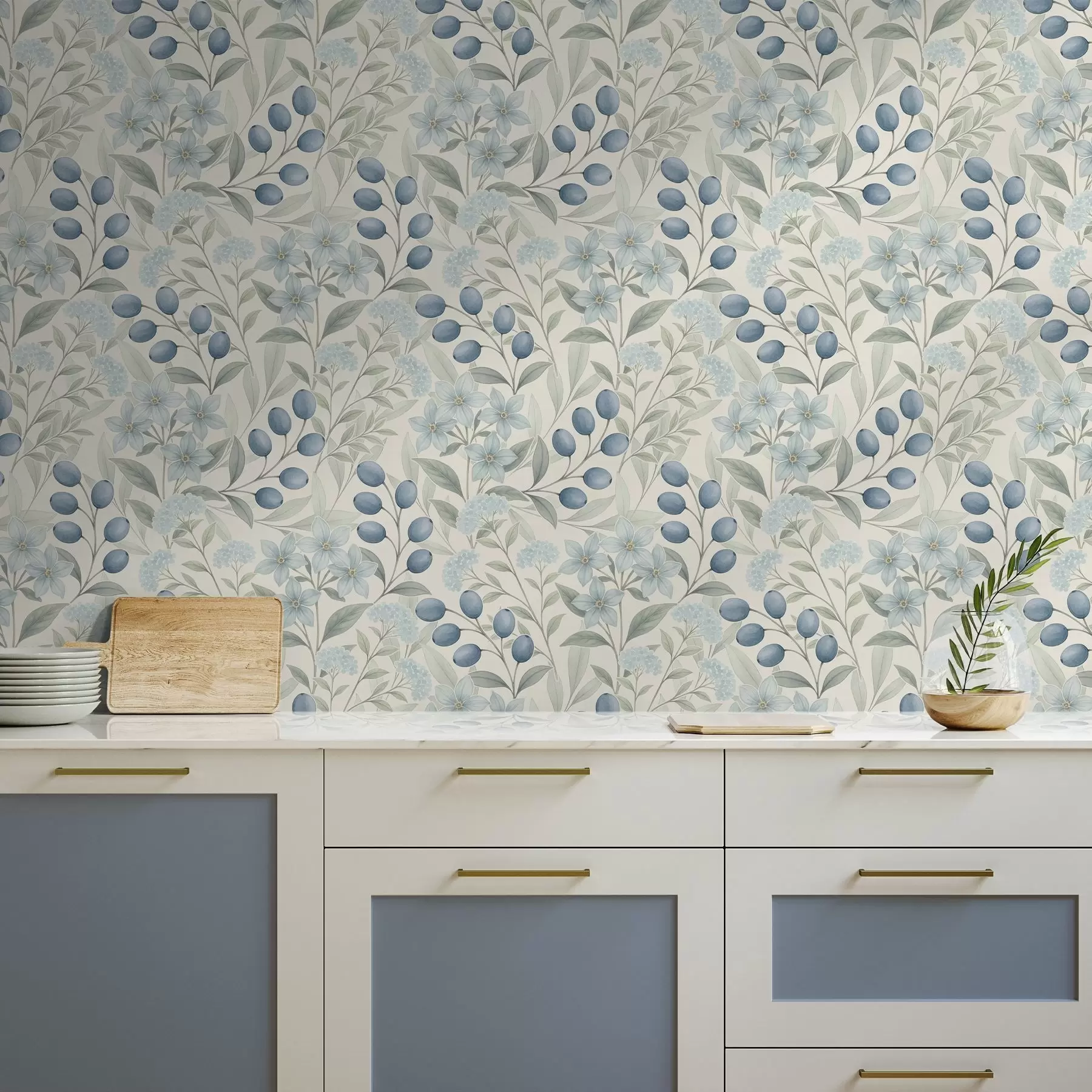 Fotobehang Blauwe bessen en lichte bloemen op ivoor a00872