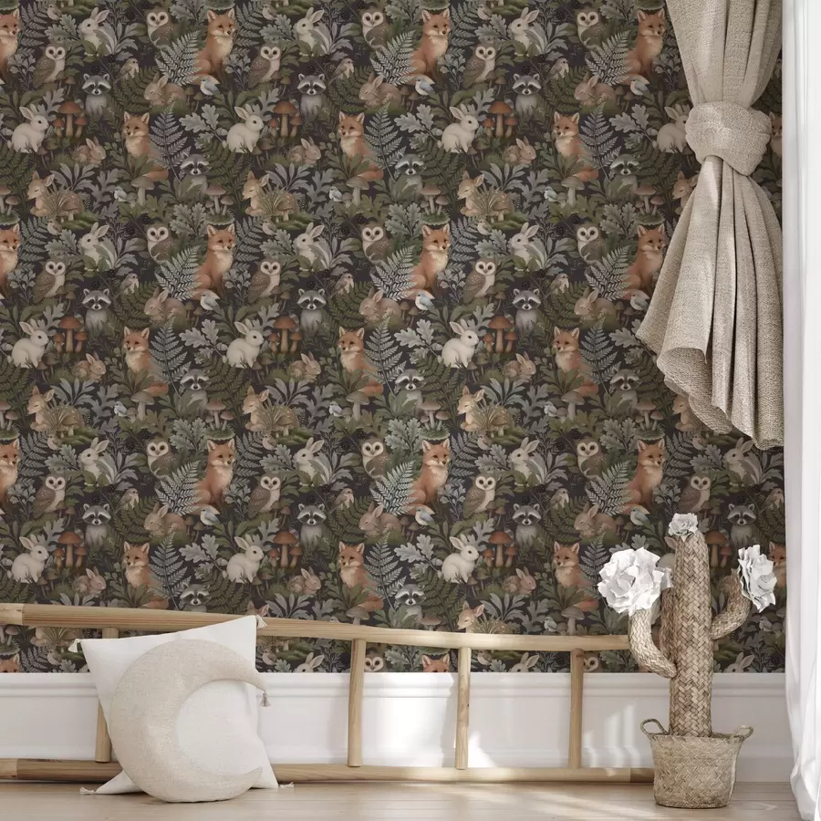 Fotobehang Bosdieren en varens op diep houtskool a00880