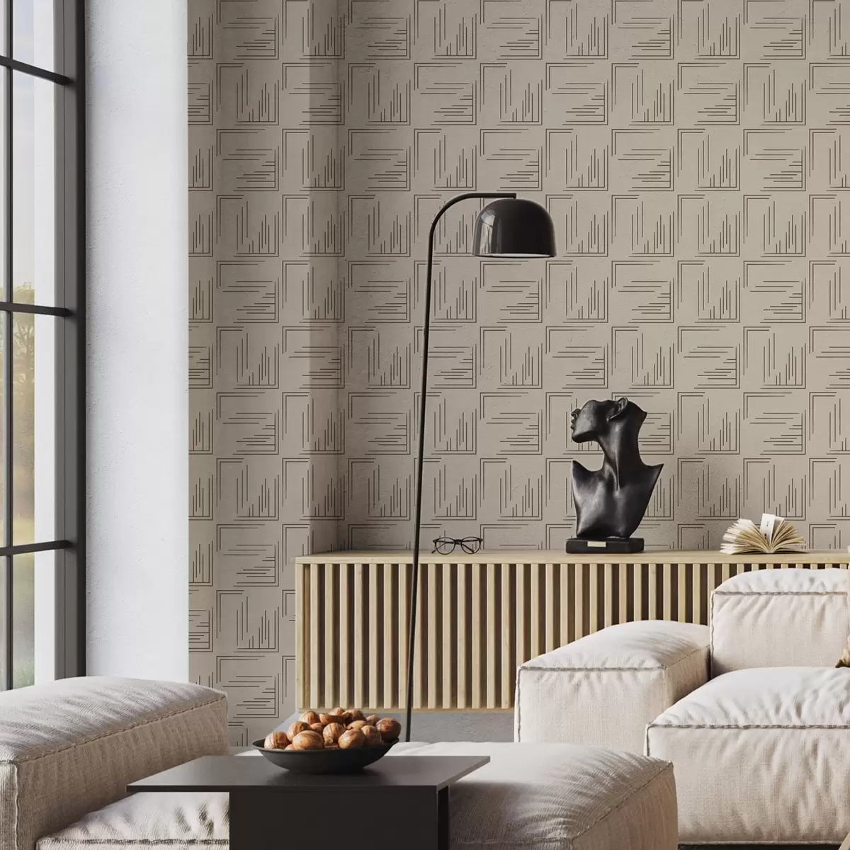 Fotobehang Grote hoekige vierkanten met verschillende lijnvullingen, zandkleurig a00913