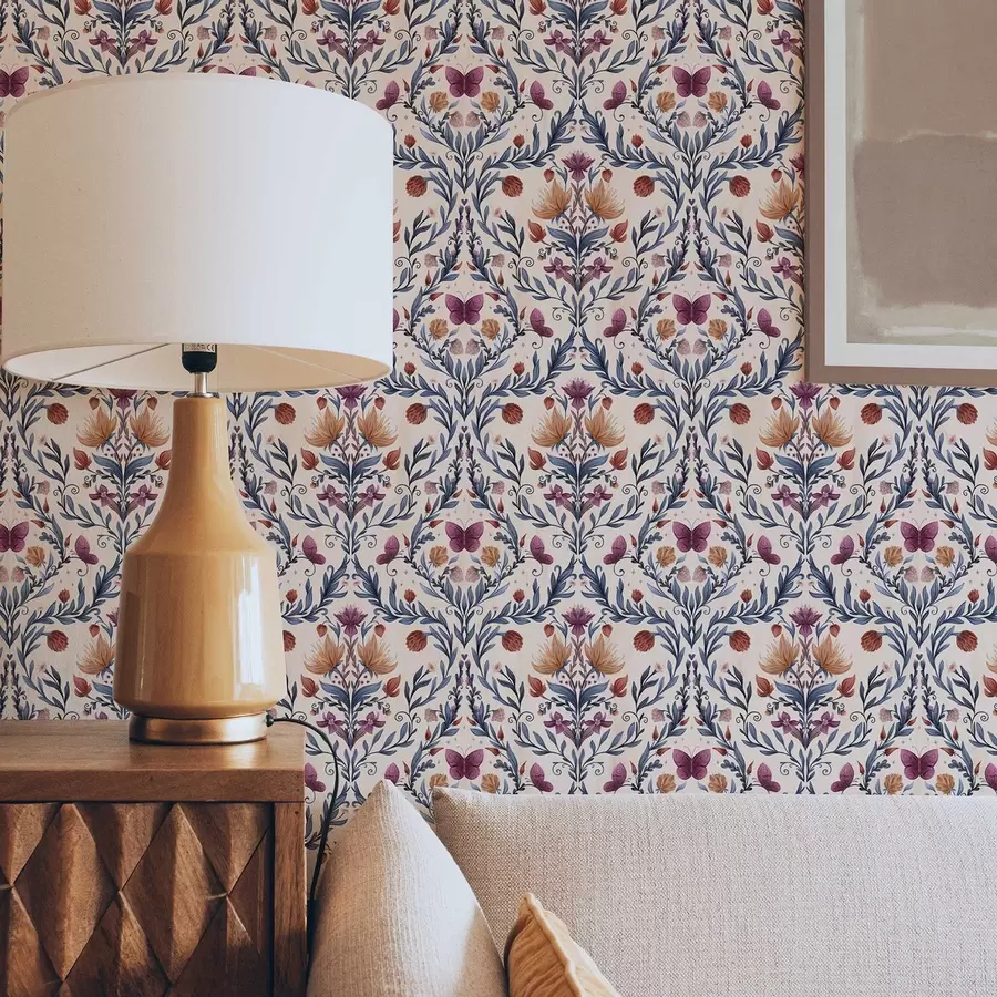 Fotobehang Bloemenmotief met vlinders op een zachte perzikkleurige achtergrond a00926