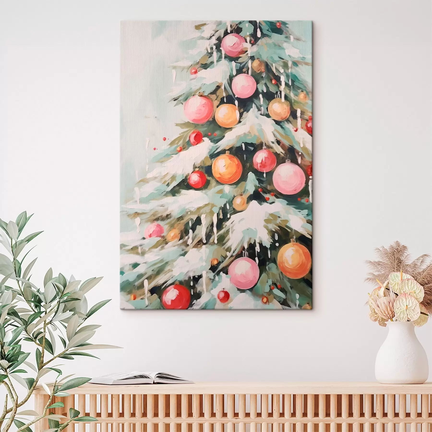  Schilderijen Kerstboom met sneeuw en roze ballen s46480