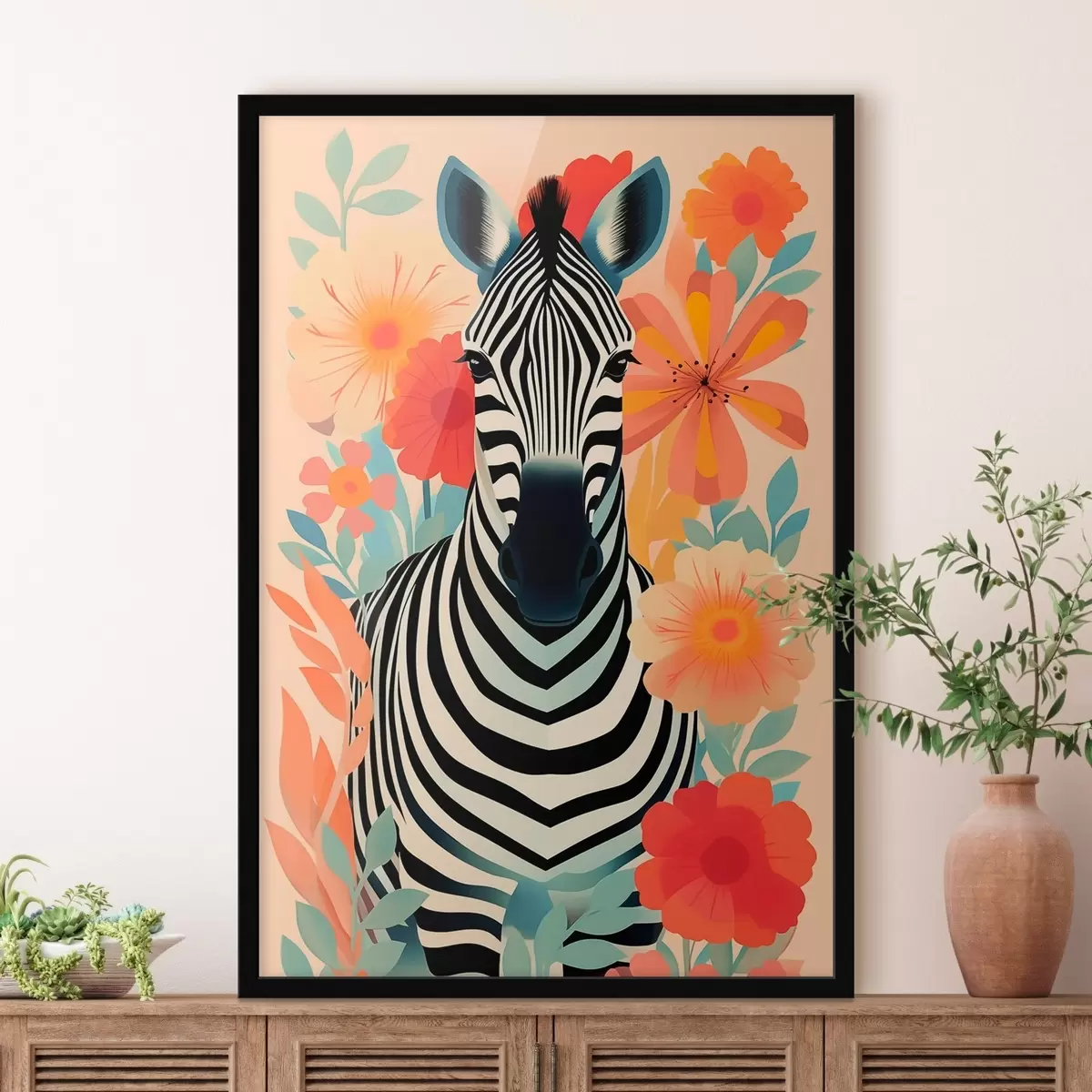 Poster Zebra tussen bloemen f46457
