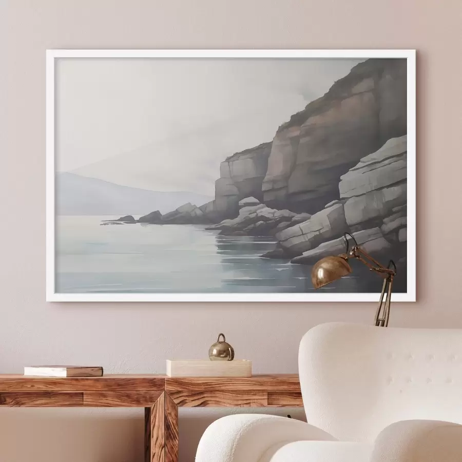 Fotobehang Rotsachtige kust in de mist f46464