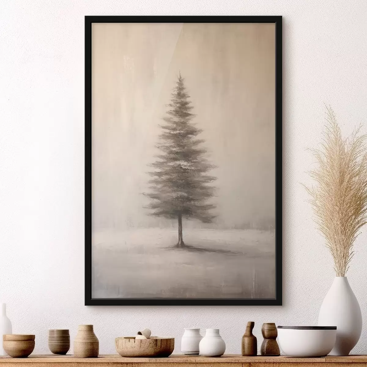 Poster Monochrome dennenboom. Minimalistisch winterlandschap f46465
