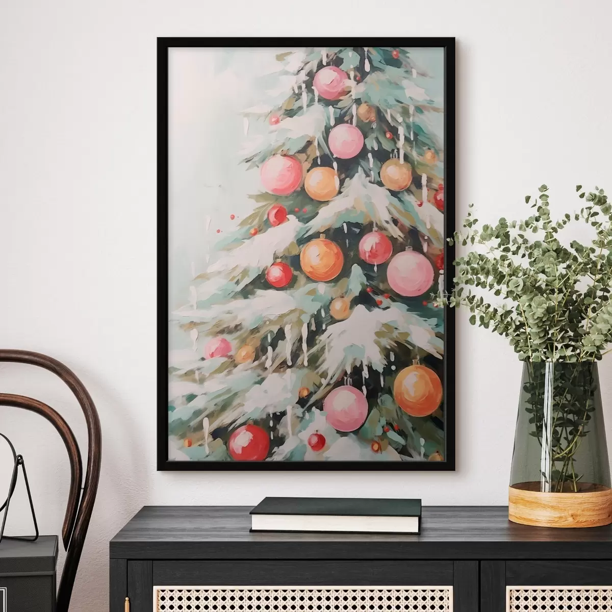 Poster Kerstboom met sneeuw en roze ballen f46480