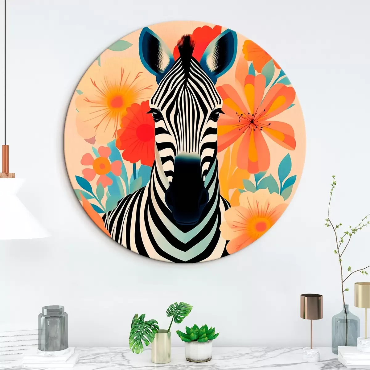 Ronde schilderijen Zebra tussen bloemen r46457